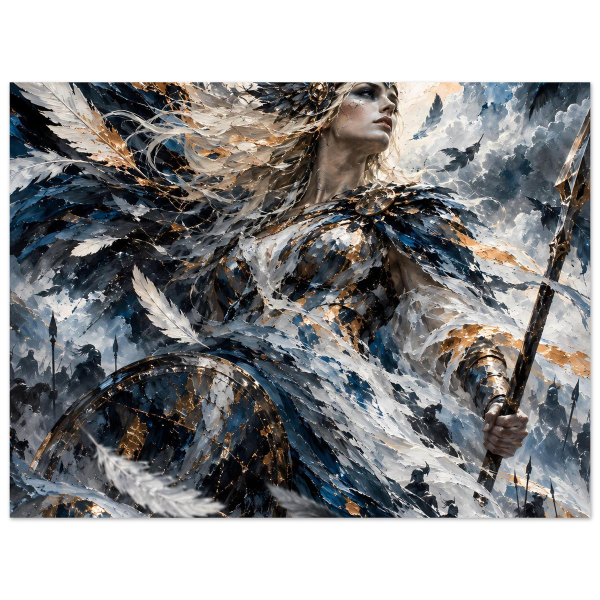 Poster mit Valkyrie in Blau-Grau, Flügeln und Schild, Querformat