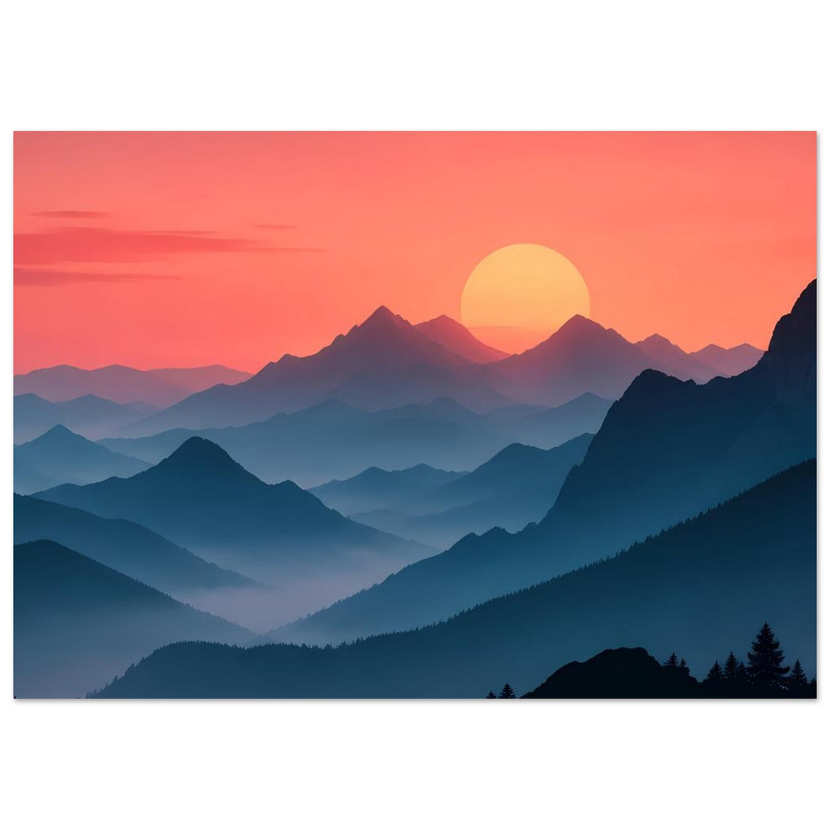 Landschaftsposter mit Sonnenkreis, rosa Sonnenuntergangshimmel und blauem Gebirge mit Bergkamm
