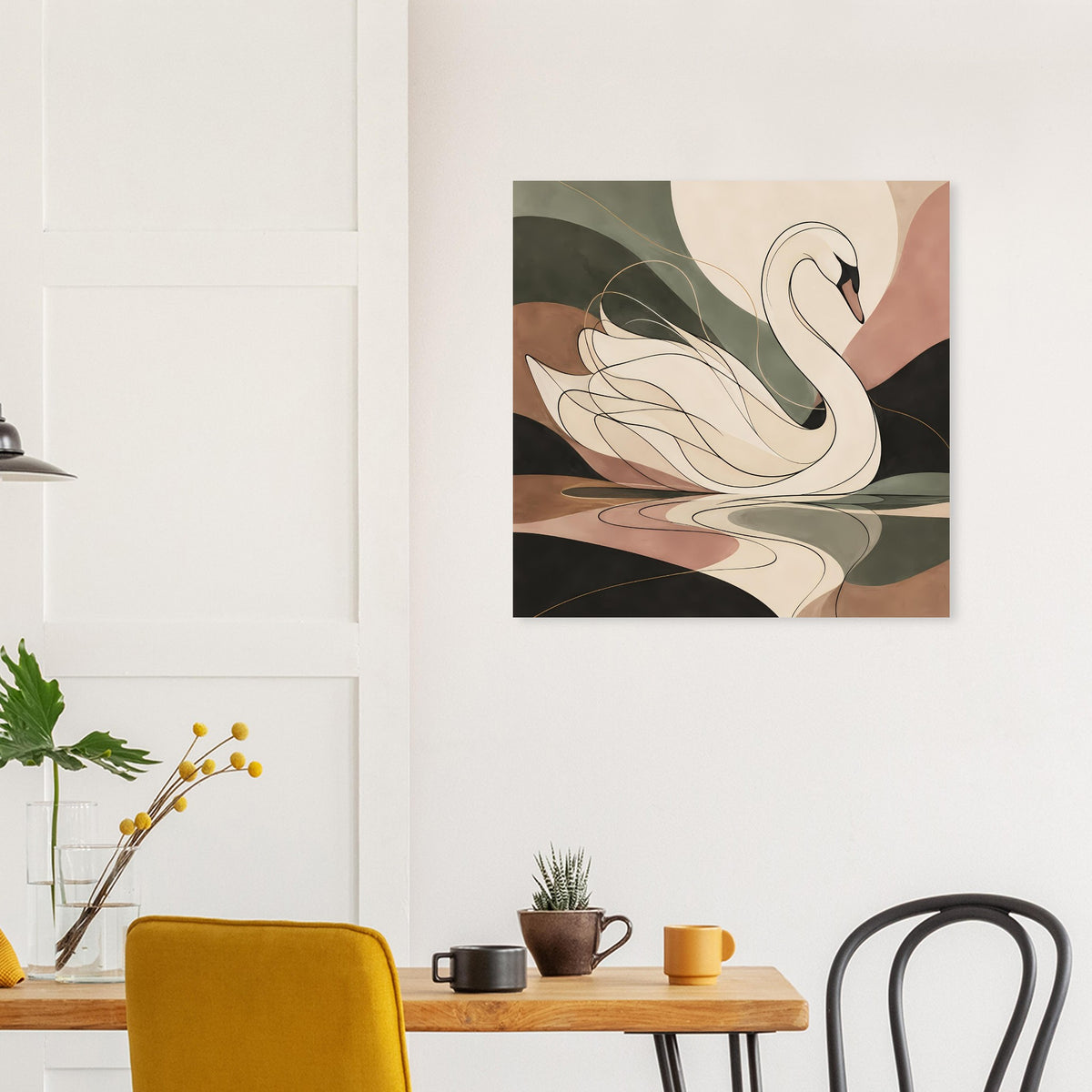 Schwanenposter mit schwarzem Rahmen, abstraktes Schwanenmotiv in Grün-, Beige- und Brauntönen.