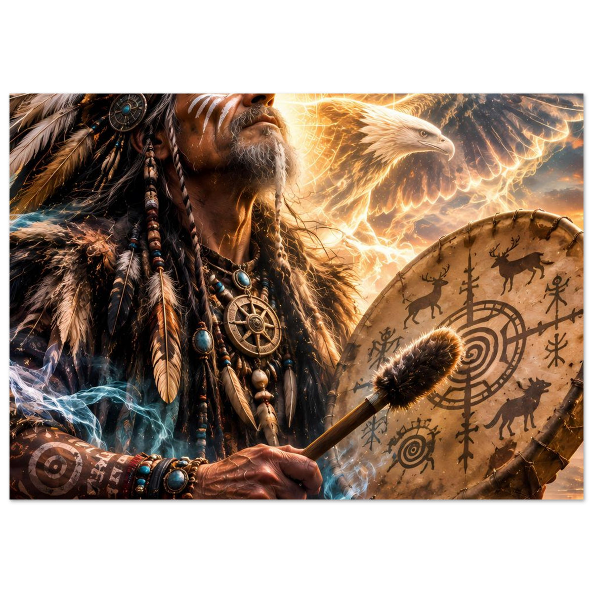 Fantasyposter, quer: Schamane und Trommel mit Tiermotiven, goldenes Adlerlicht im Hintergrund