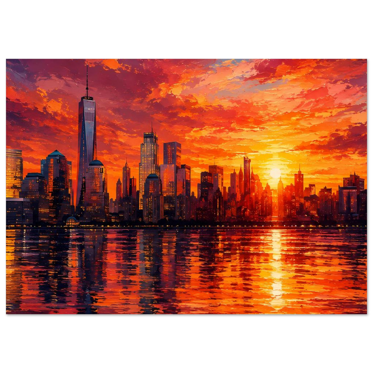 Poster im Querformat: New-York-Skyline mit One World Trade Center, feuriger Sonnenuntergang mit Spiegelungen