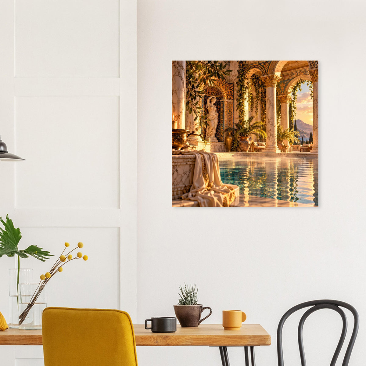 Wandposter mit Figurenszene in Säulenhalle und reflektierendem Wasser