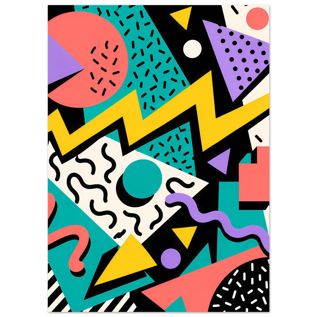 Abstraktes Memphis-Wandposter mit bunten Symbolformen, Punkten, Wellen und Zickzacklinien