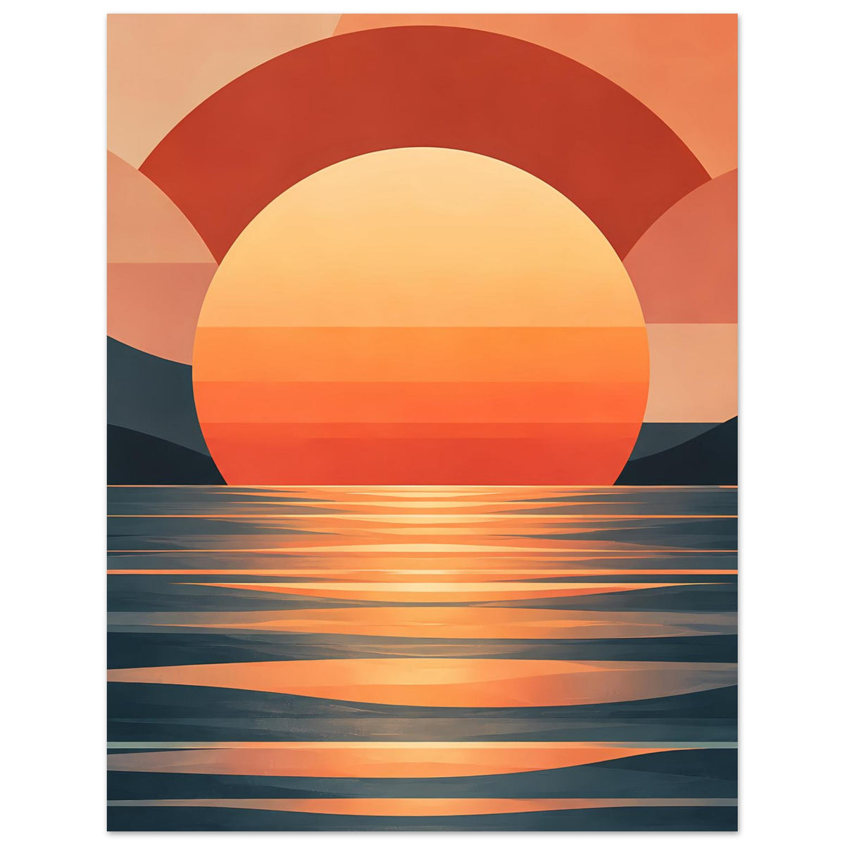 Poster mit abstrakter Sonne über ruhigem Meer: roter Halbkreis, warmes Licht und horizontale Bänder