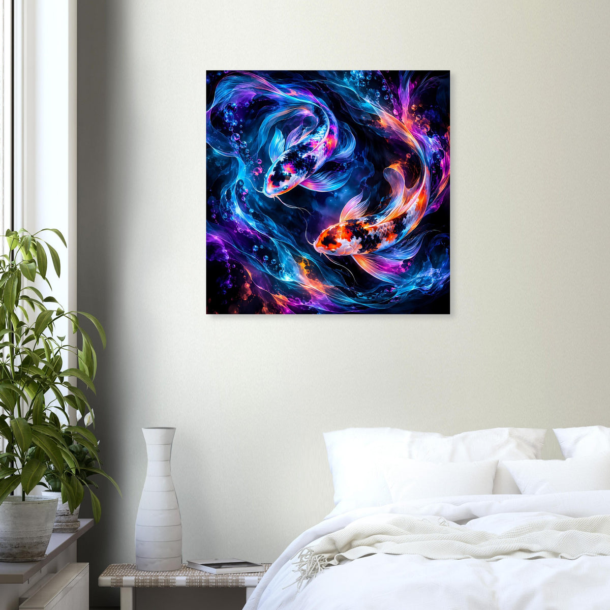 Quadratisches Poster mit abstrakten Koi im Feuer- und Wasserwirbel, Blau, Violett, Orange.