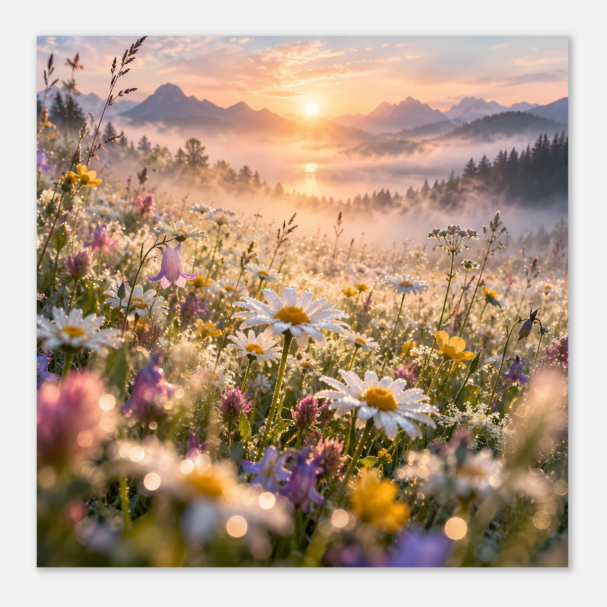 Gerahmtes Poster mit Wildblumen und Sonnenaufgang, Blumenstände im Vordergrund