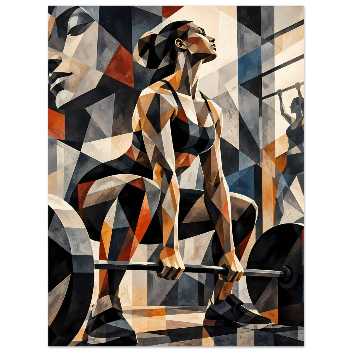Fitness-Poster mit abstrakter Sportlerin beim Hantelheben, diagonale Muster in Blau, Grau und Rostorange