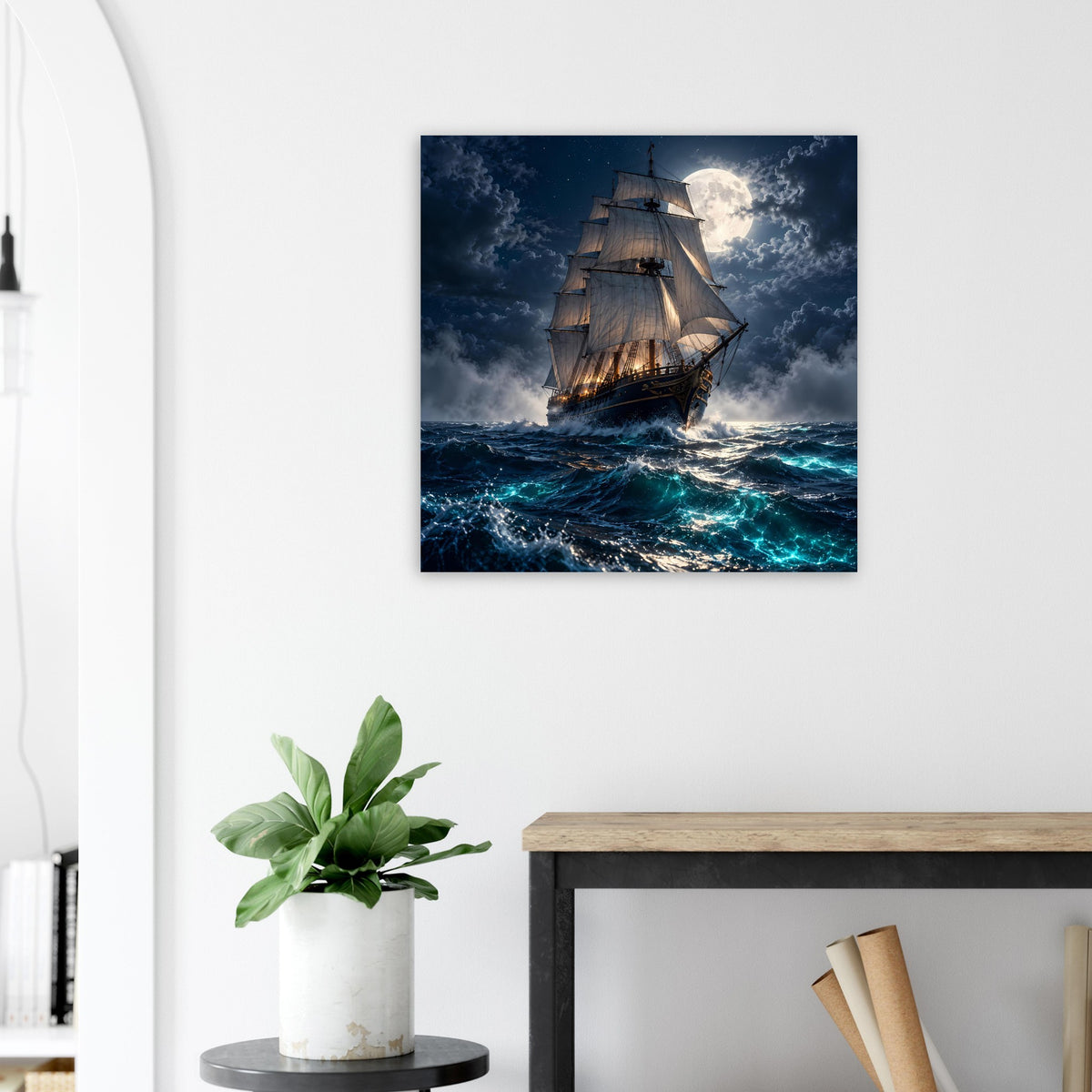 Quadratisches Poster: Segelschiff auf wogender See unter Mondschein