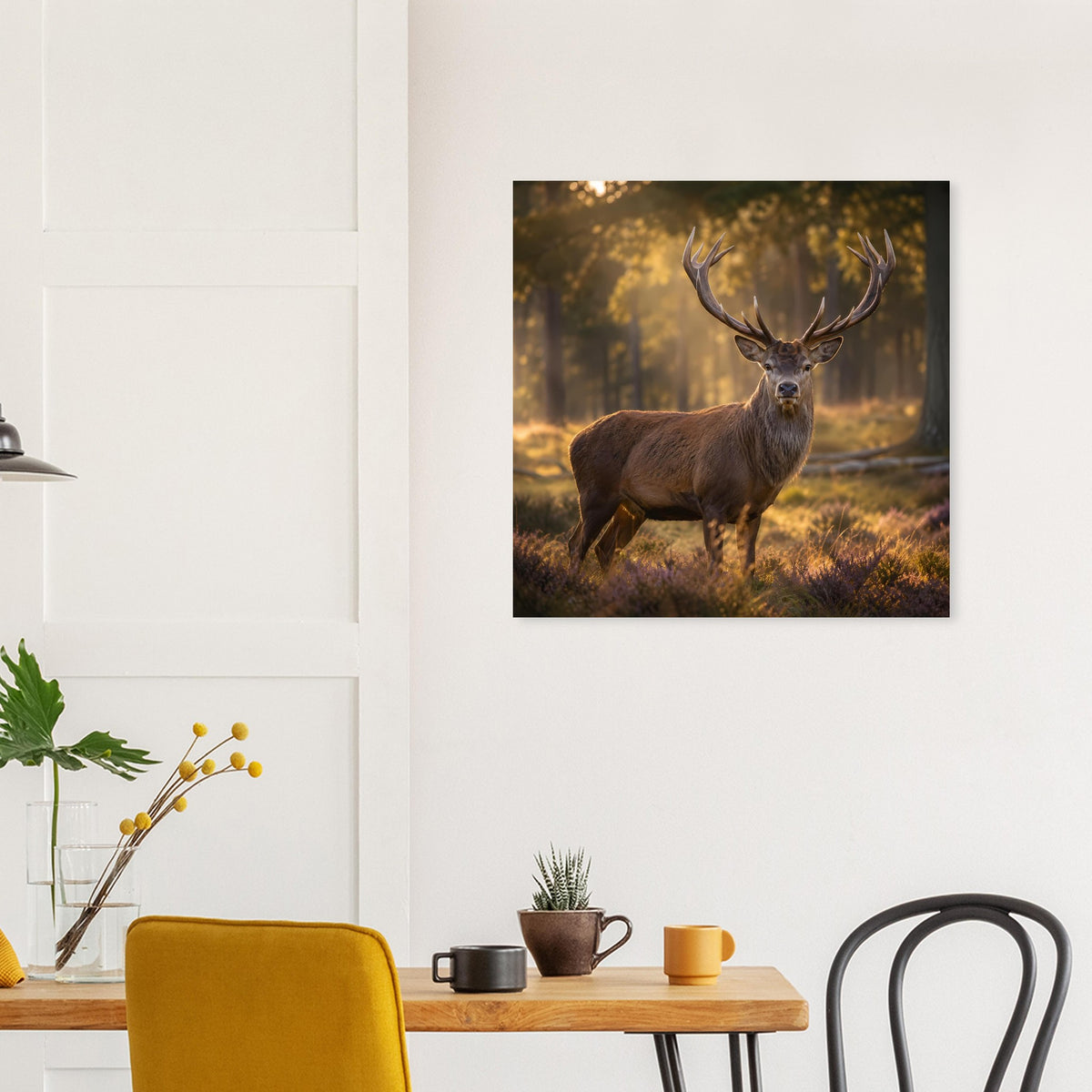 Poster mit Hirsch im Wald, braunes Geweih-Tier vor Bäumen, schwarzer Rahmen
