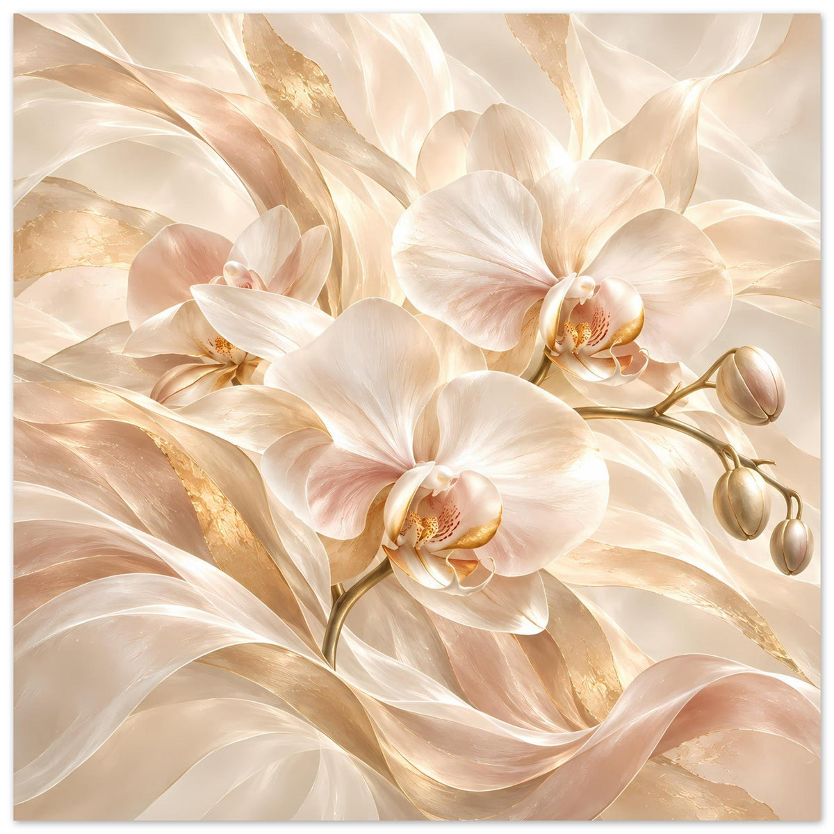 Orchideenposter mit drei weißen Blüten und goldenen Fächerakzenten in Creme-Optik