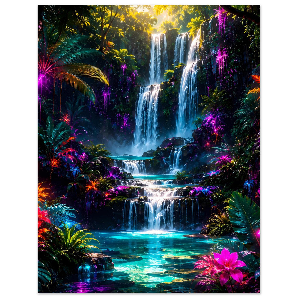 Poster im Hochformat: Regenwald-Wasserfall mit türkis leuchtendem Becken und farbigen Neonpflanzen