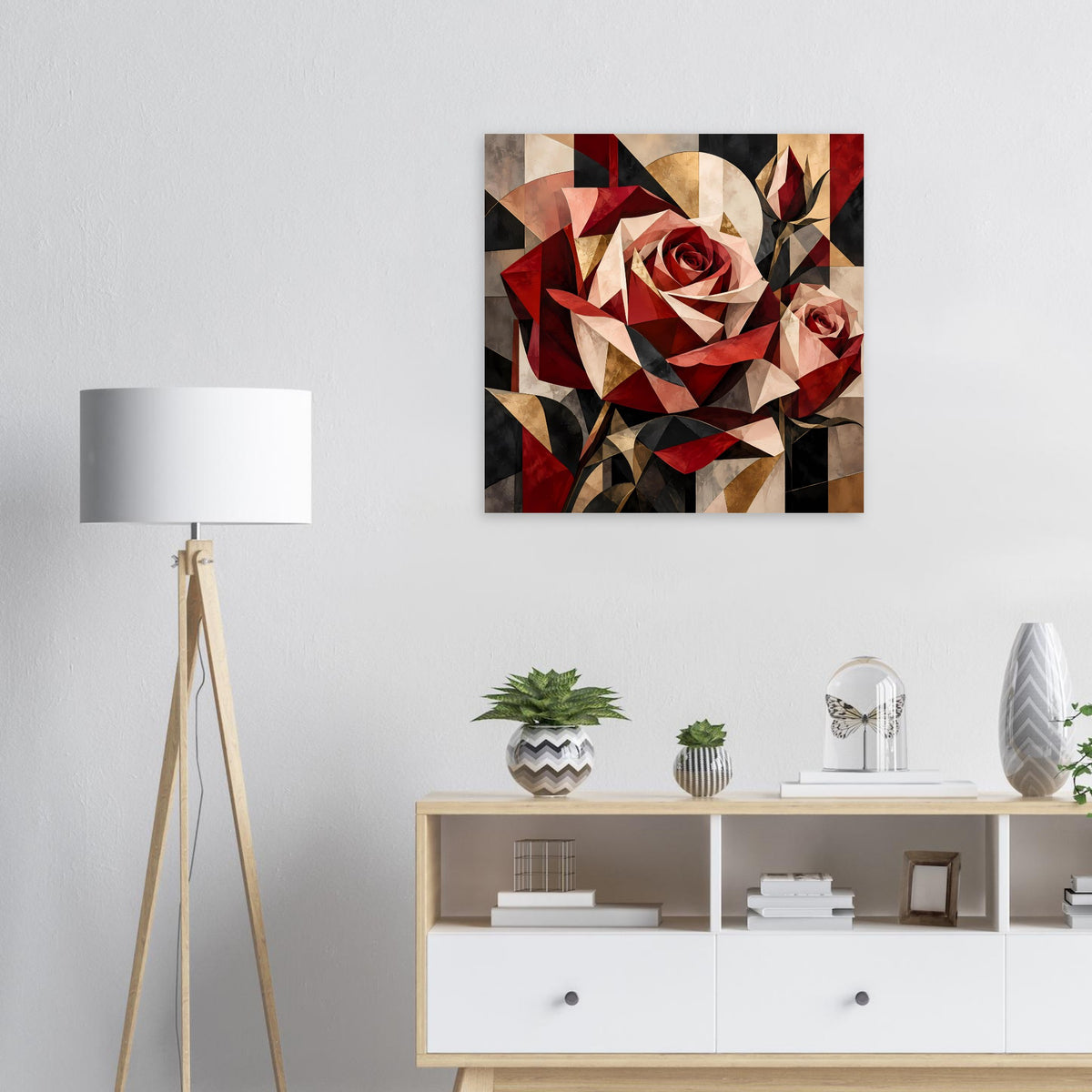 Blumenposter mit geometrischer Rose in Rot, Gold und Cremetönen