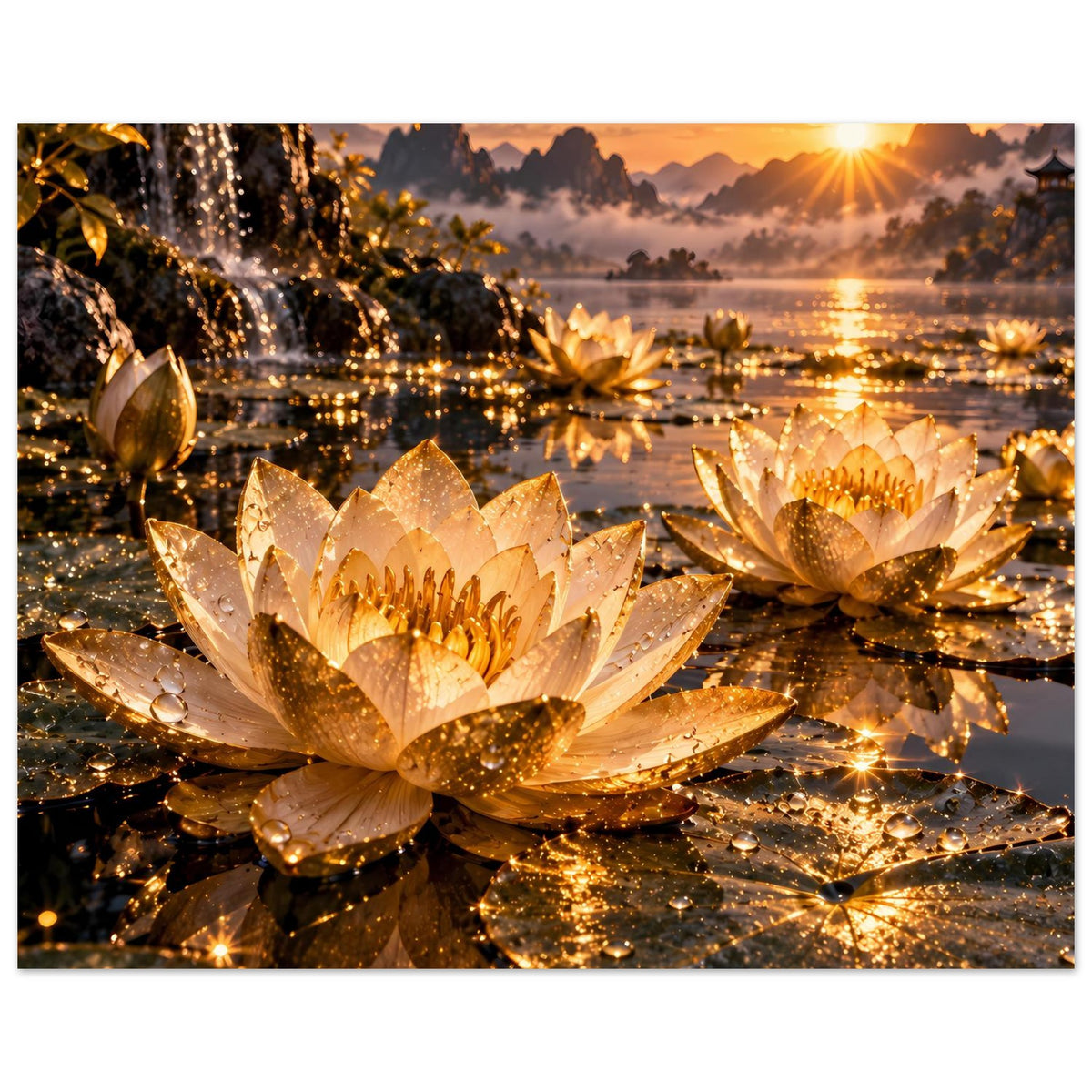 Poster mit goldenen Lotusblüten, vielen Reflexionen und funkelnden Lichtstreifen