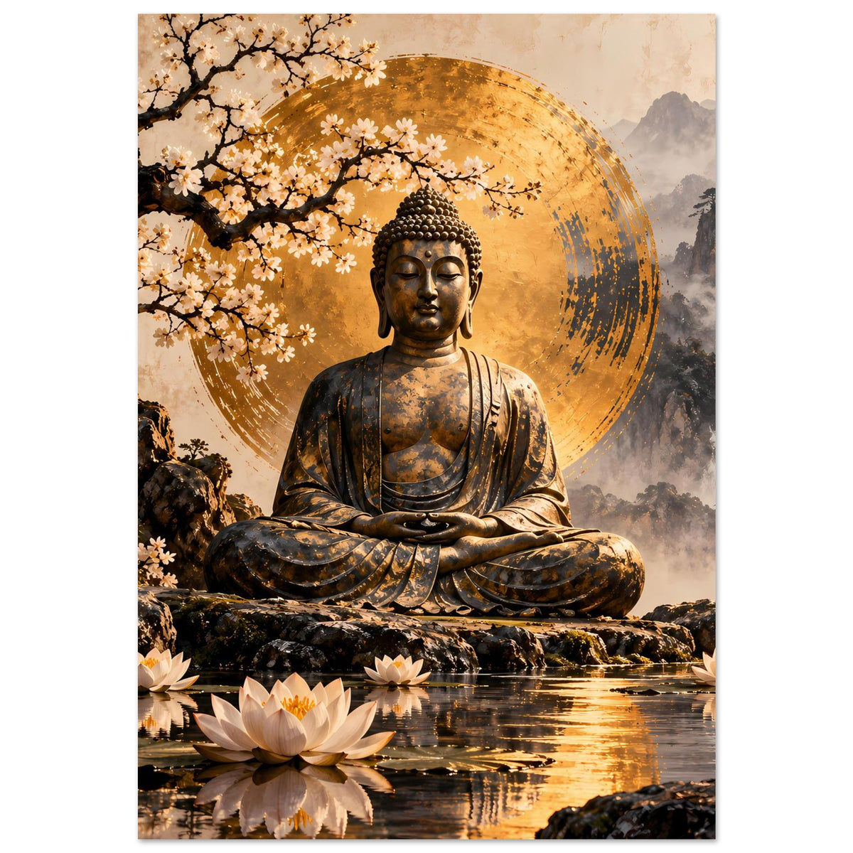 Meditierender Buddha mit goldener Kreis-Aura, Kirschblüten über dem Fluss mit Lotusblumen