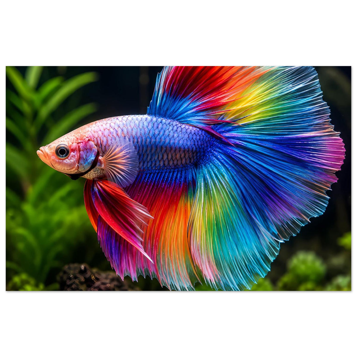 Poster mit regenbogenfarbenem Kampffisch: blaues Schuppenmuster, rotblaue Flossen im Profil