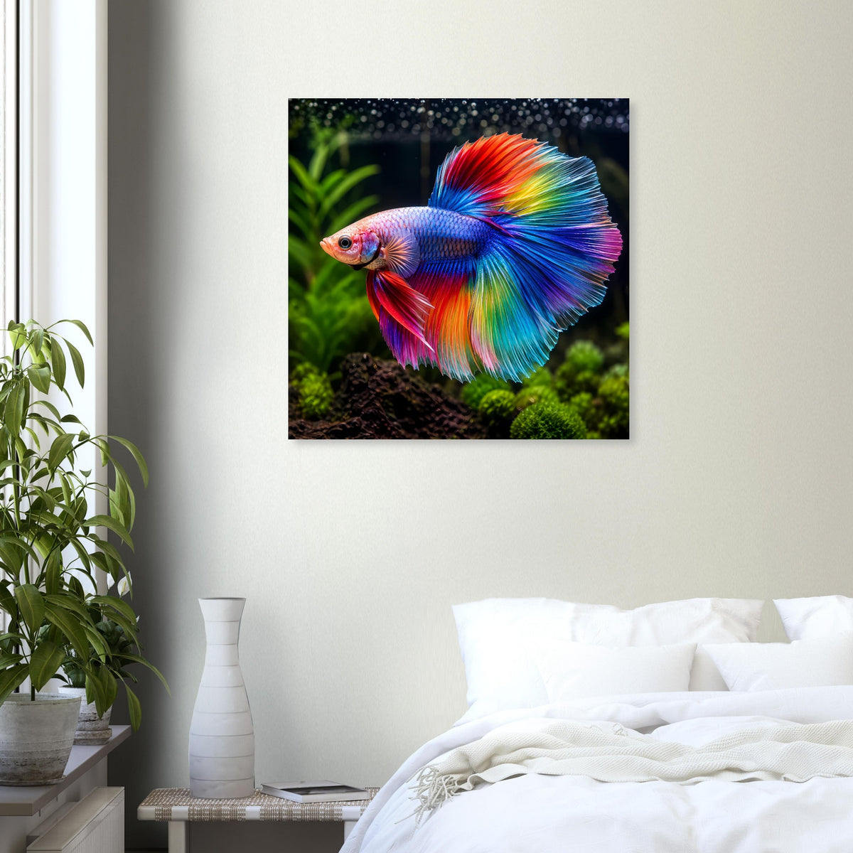 Quadratisches Poster mit Betta-Kampffisch im Nahporträt, farbige Flossen