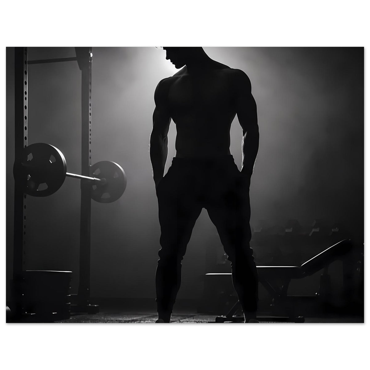 Gym-Poster im Schwarz-Weiß-Look: Silhouette eines trainierenden Mannes vor Hantelständer