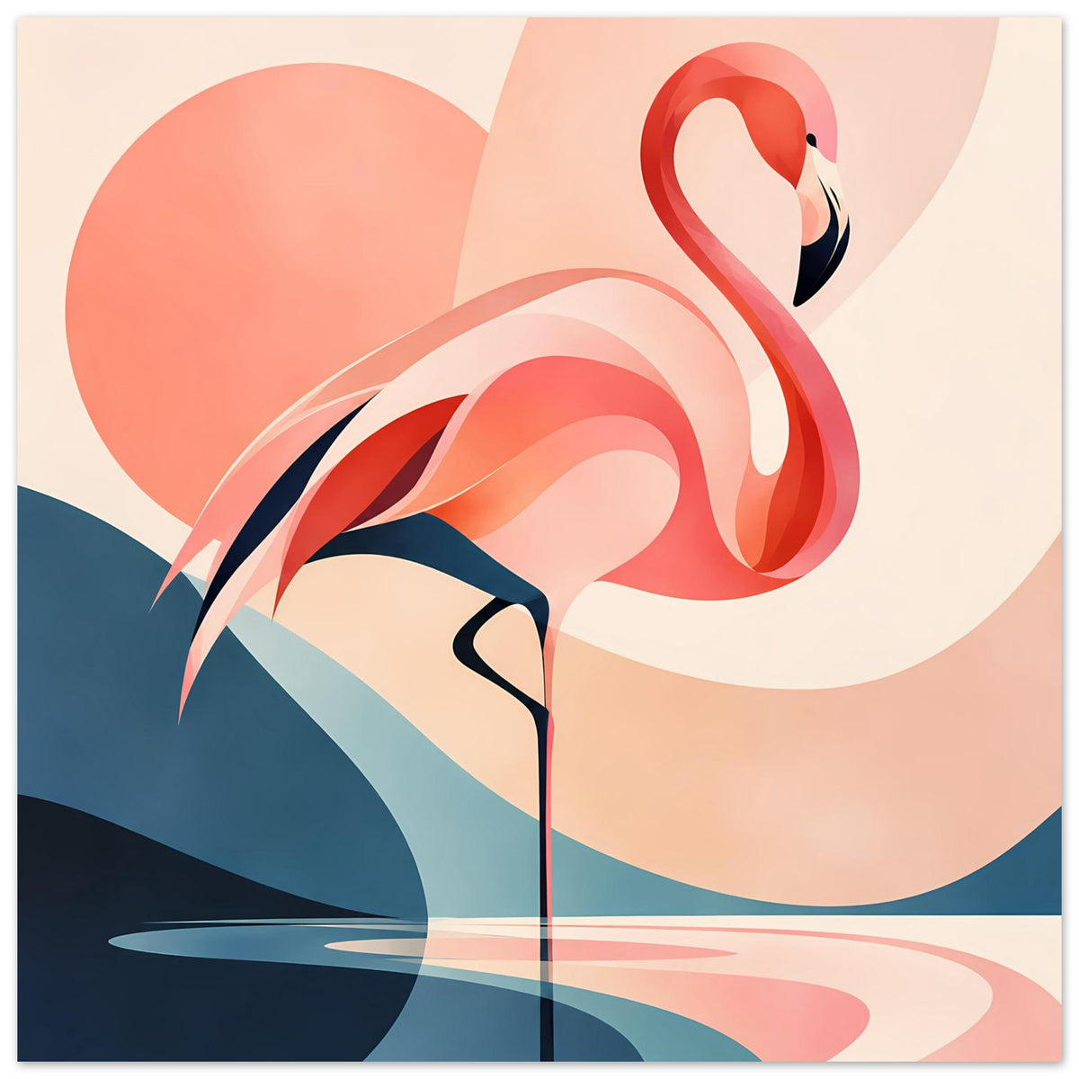 Hochkant-Kunstdruck mit Flamingo-Motiv, kräftige Korallrot-Formen und dunkles Blau