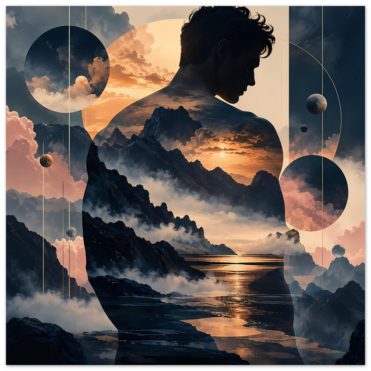 Poster mit Bergsilhouetten und Männerkopfprofil, Sonnenuntergang über Küste in dunklem Blau
