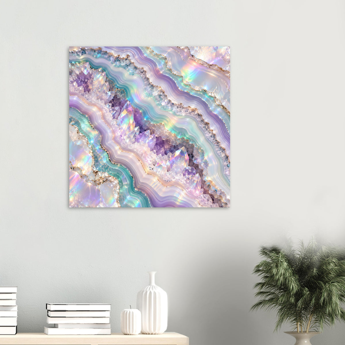 Holografisches Kristall-Geode-Poster, kleines quadratisches Motiv mit irisierenden Kristallwellen