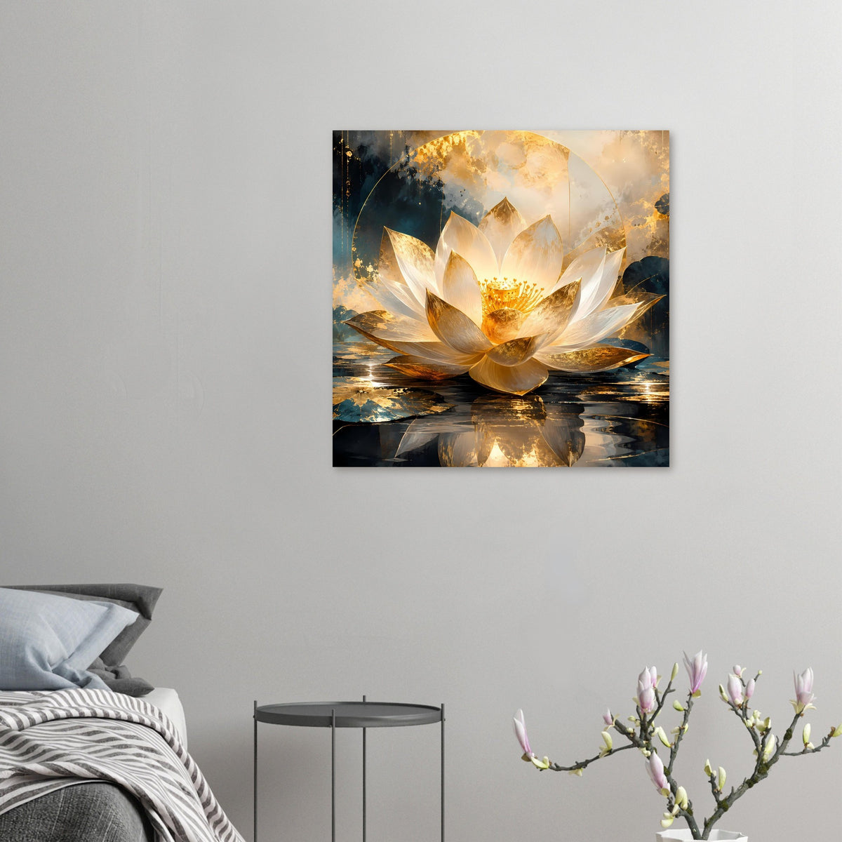 Kleines Lotusblüten-Kunstposter mit goldweißer Blüte und spiegelndem Wasser