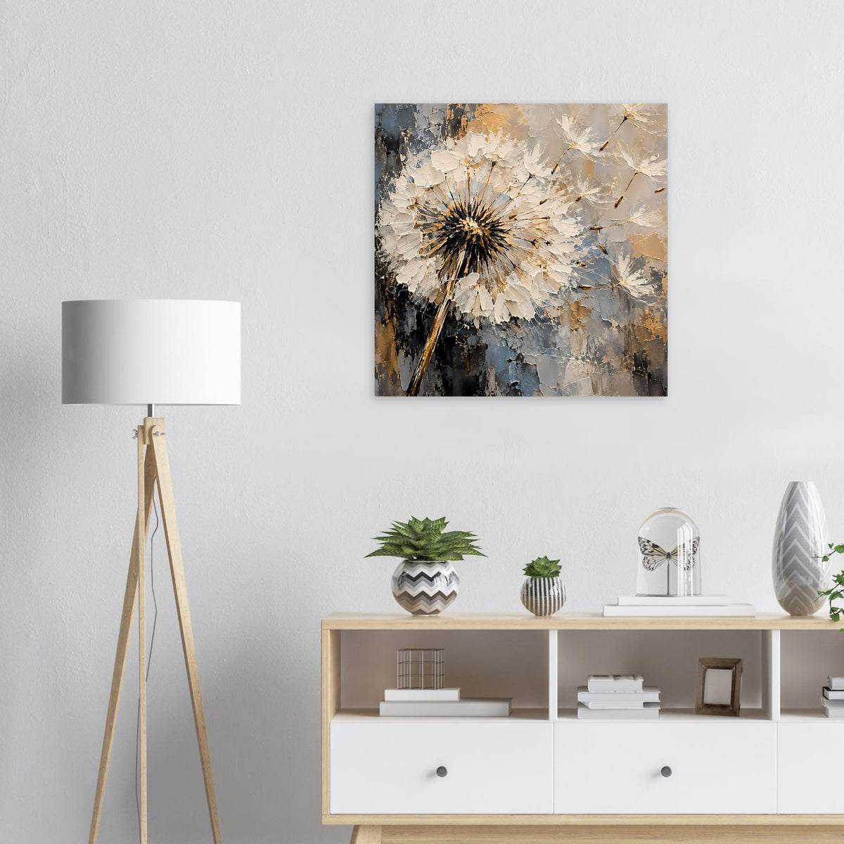 Texturiertes Löwenzahn-Kunstposter mit gelb-schwarzem Blütenkern und Pusteflocken