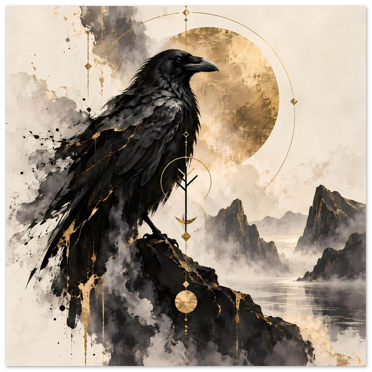 Vogelkunst-Poster mit schwarzem Rabenmotiv, goldene Mondsichel und Bergnebelkulisse