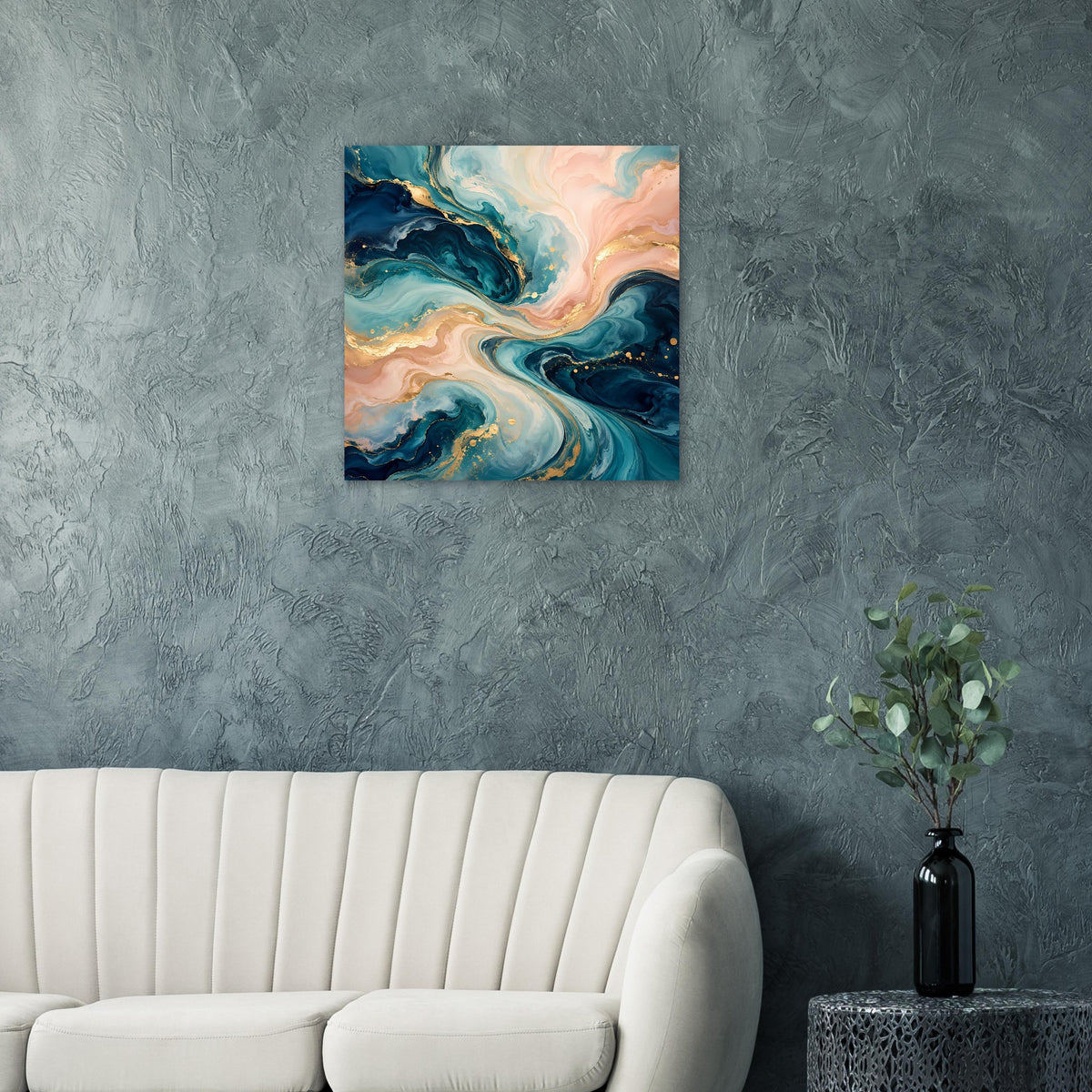 Abstraktes Kunstposter mit blau‑türkisen Wirbeln, rosafarbenen Farbflecken und goldenen Spritzern