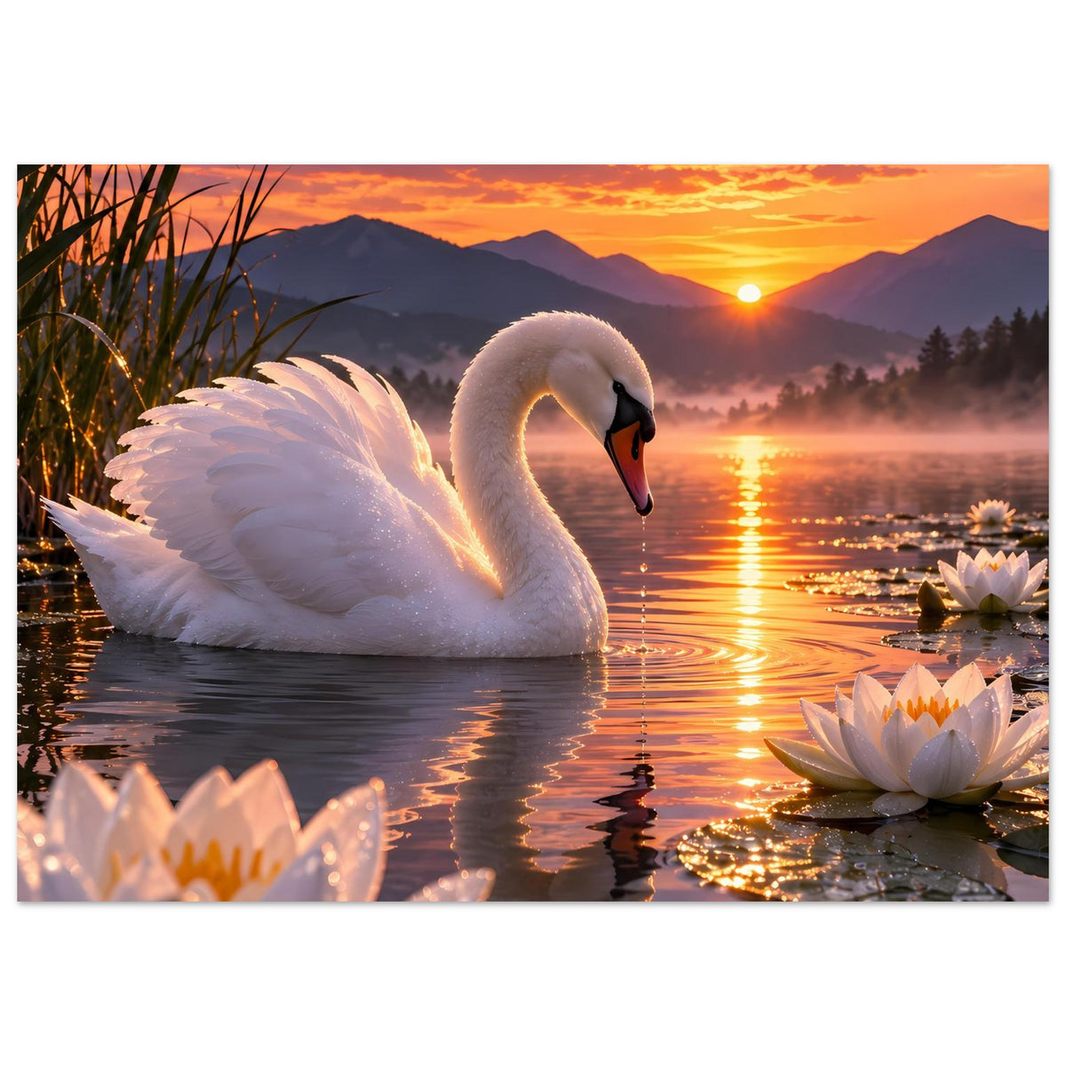 Poster mit weißem Schwan auf dem See, Seerosen im Vordergrund und Sonnenuntergangshimmel