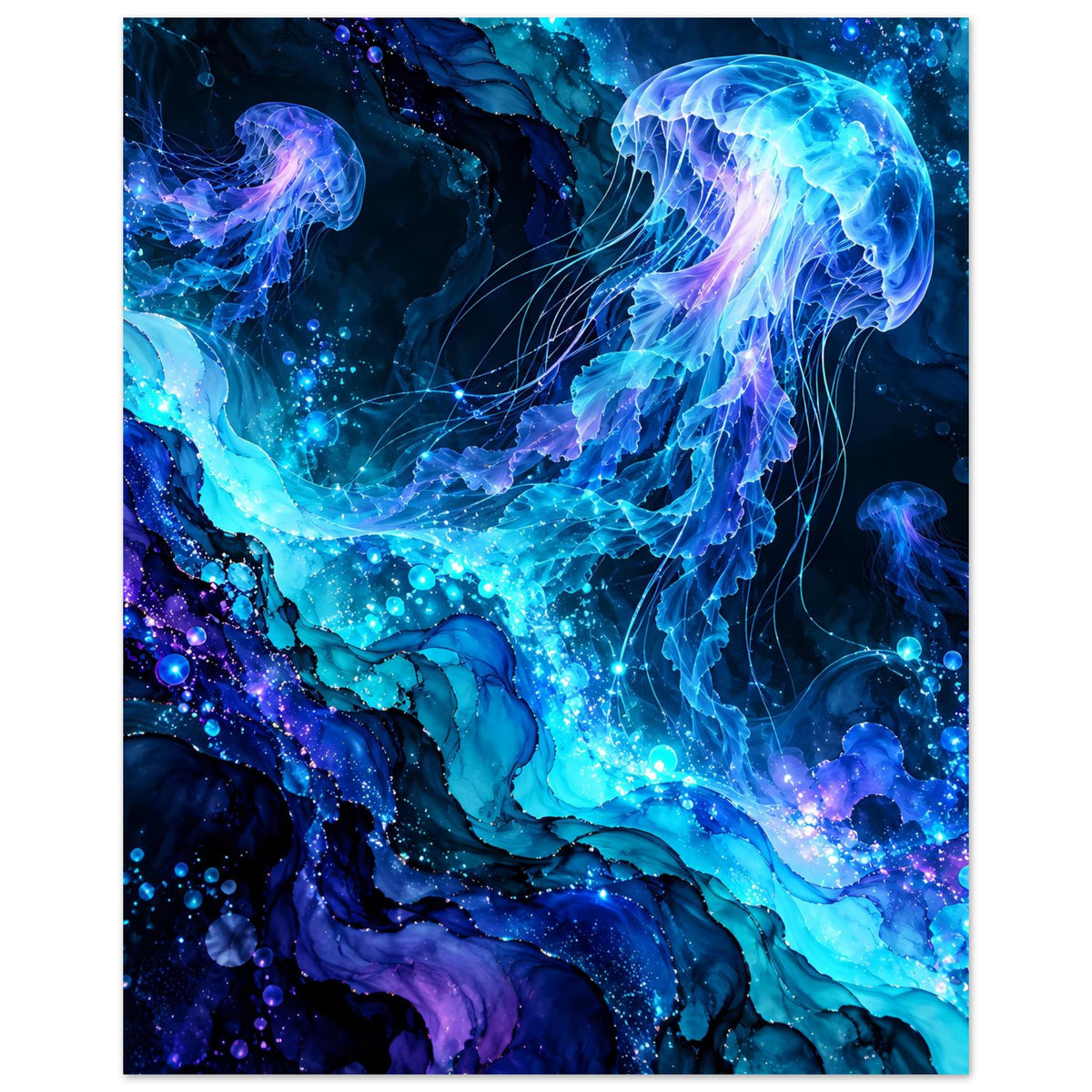 Unterwasser-Poster mit Quallen im Vordergrund und funkelnden Blasen, blau-violett