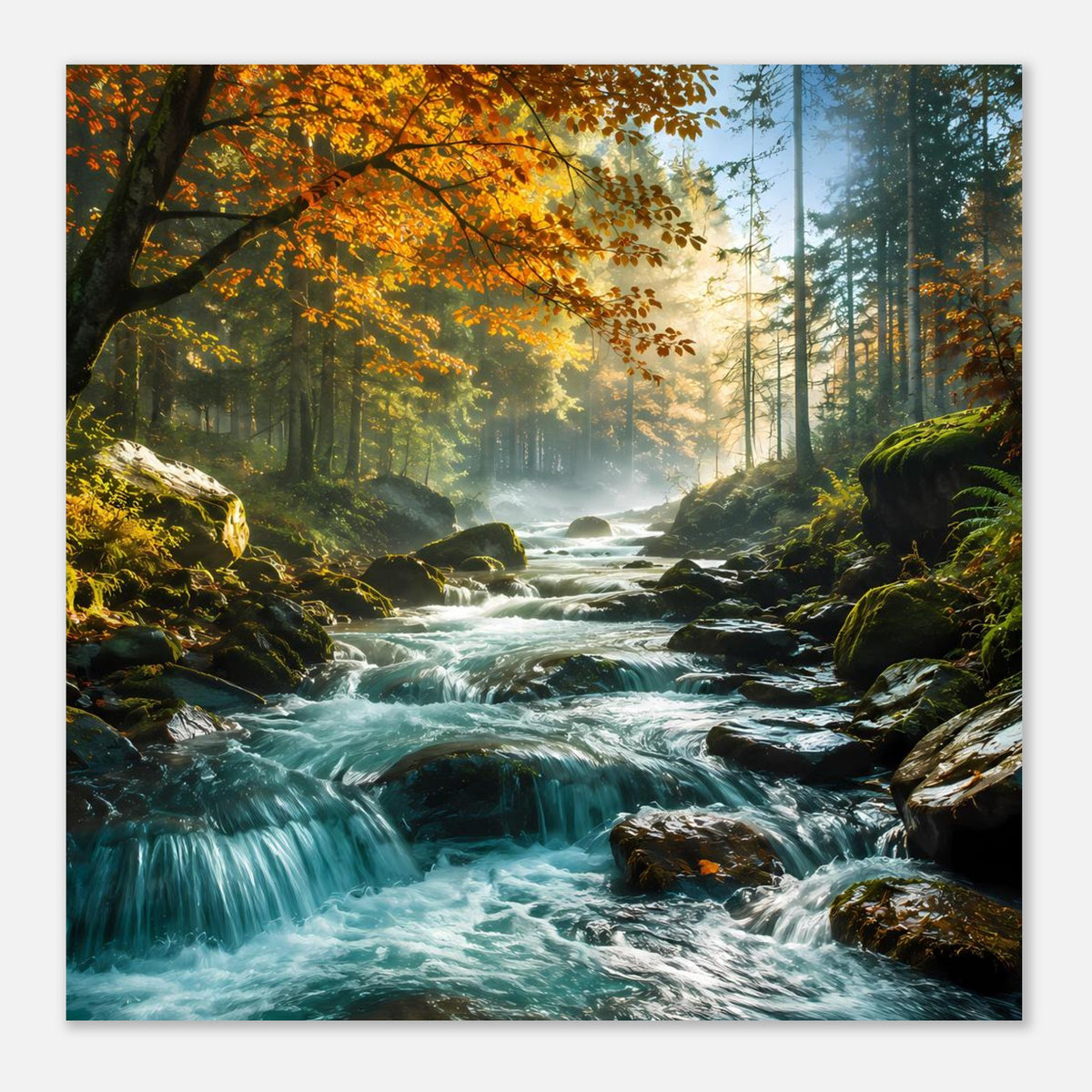 Poster mit Waldfluss, Wasserfall und Nebel im Nadelwald, Querformat