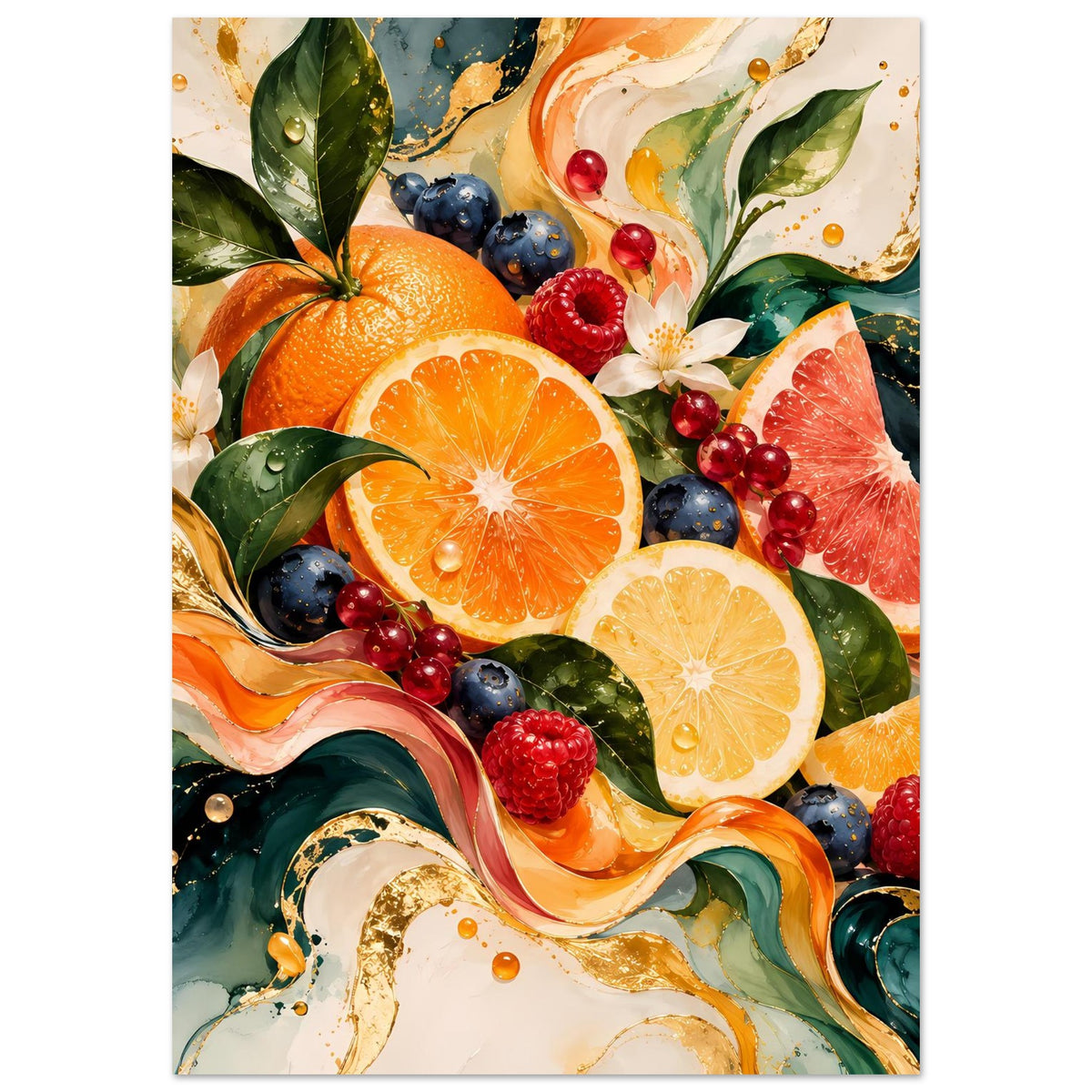 Vertikales Obstposter: Orangenhälfte, Beeren und Zitronen, umspielt von abstrakten Farbbändern