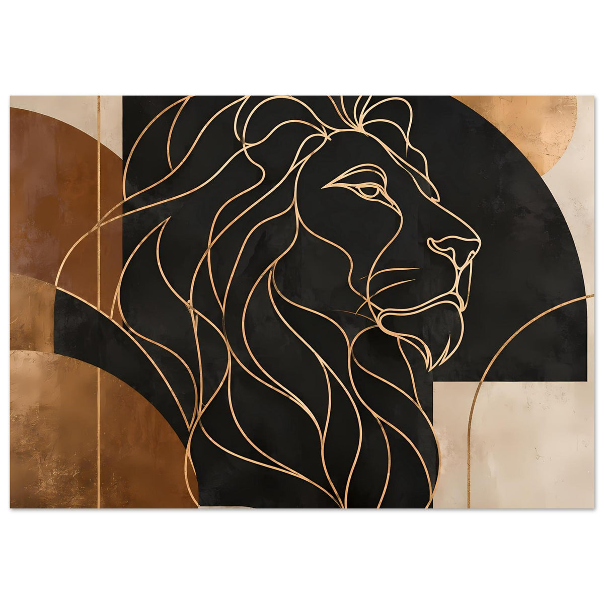 Poster mit geometrischem Löwenmotiv: goldene Linien in Schwarz, Fokus auf Gesicht und Vorderpfoten