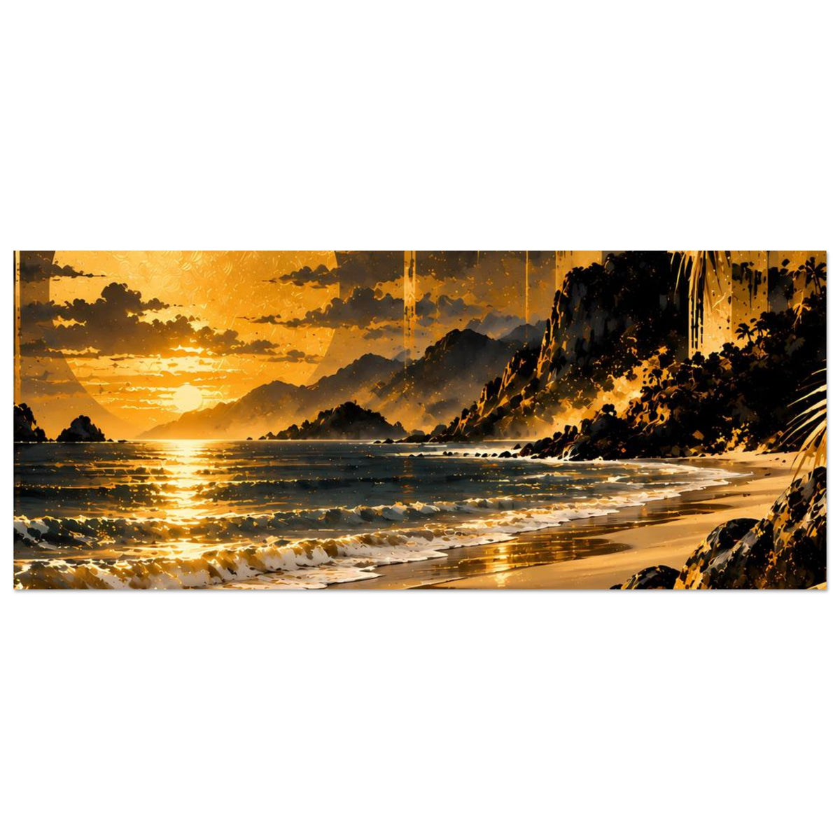 Horizontales Poster mit Sonnenuntergang am Strand, goldenen Reflexen und Palmenblättern.