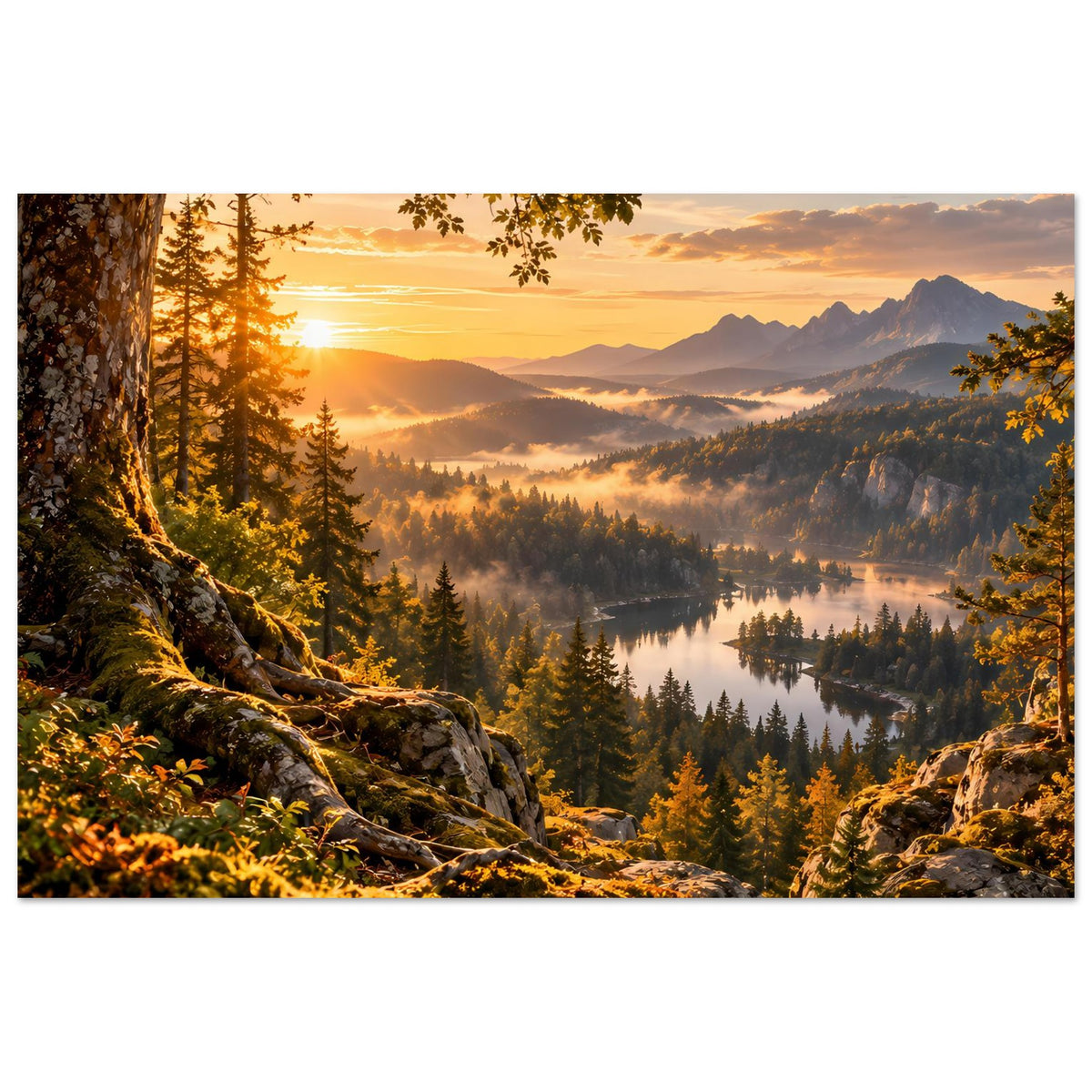 Landschaftsposter: Sonnenaufgang über Gebirgskamm, ruhiger See, Waldlandschaft im Warmlicht.