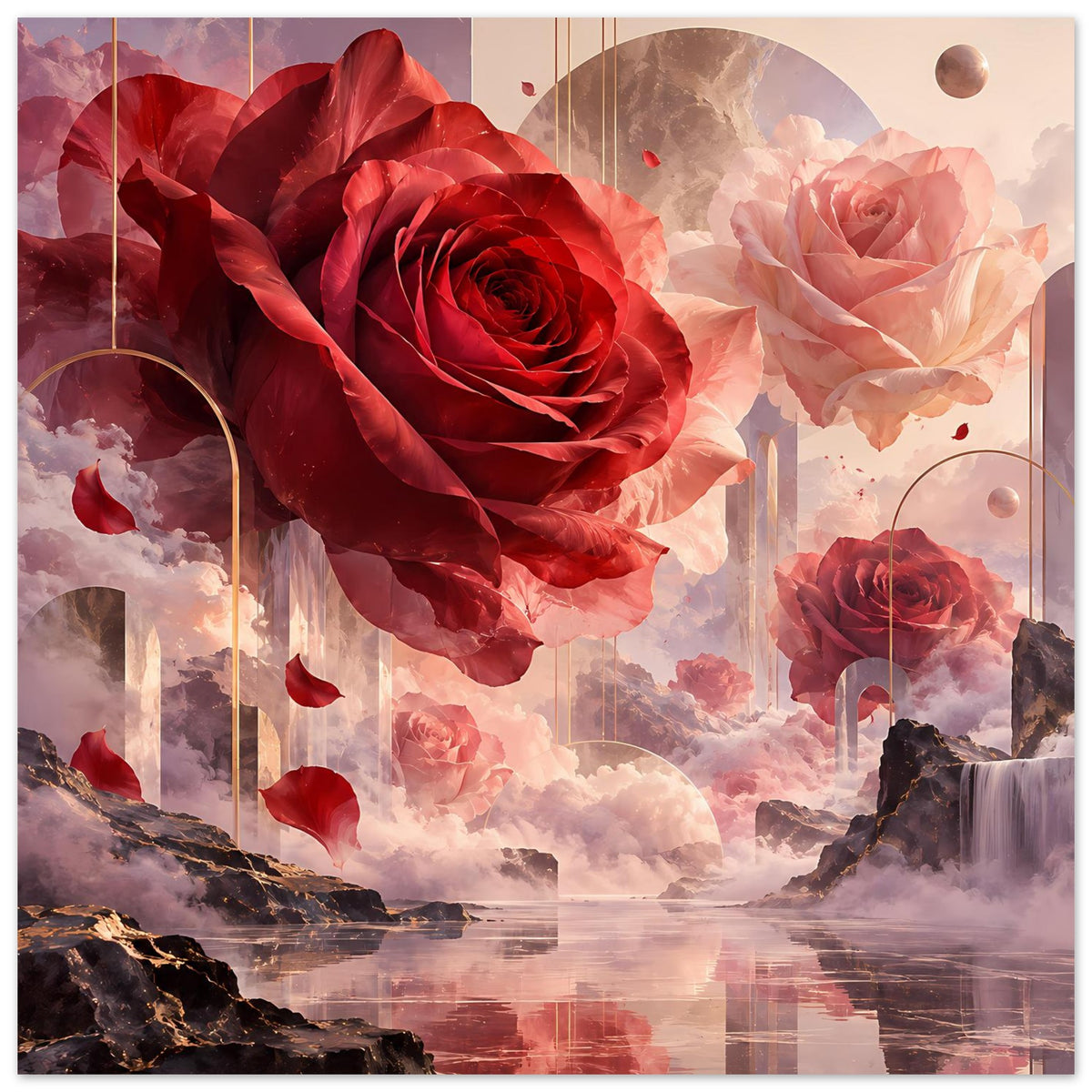 Poster mit großen roten Rosen, rosafarbenen Blüten und Wasserfall-Szene