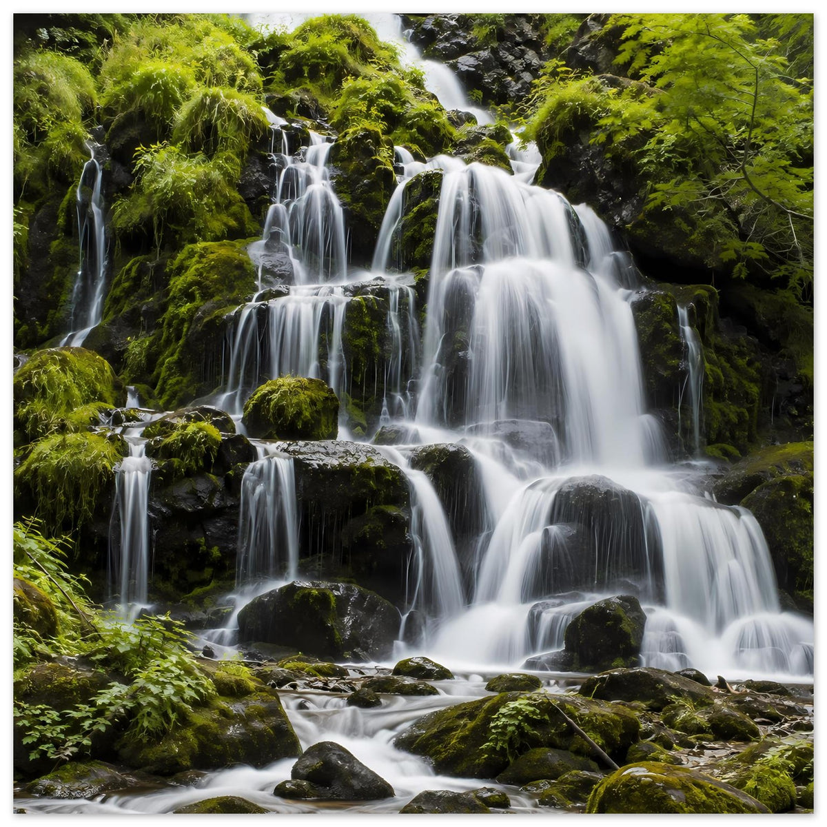 Gerahmtes Wasserfall-Poster im Hochformat mit Kaskaden und moosbewachsenen Felsen