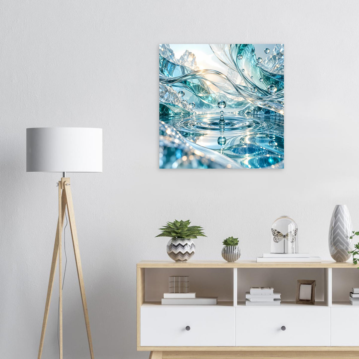 Quadratisches Poster mit blauen Wasserwellen, schimmernden Blasen und Glasreflexen