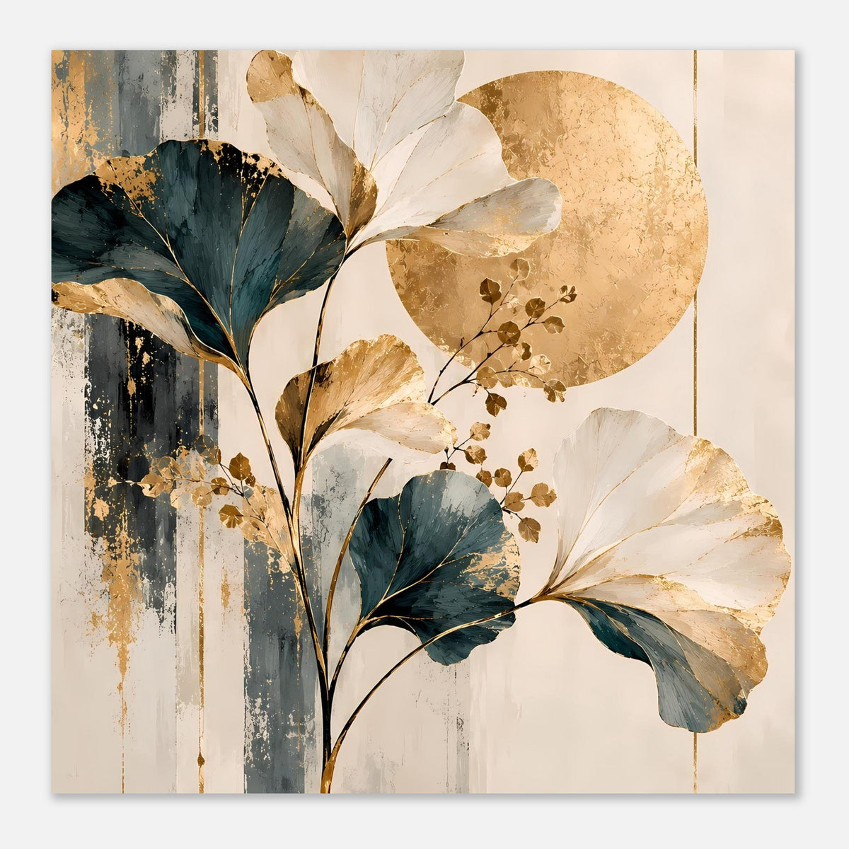 Abstraktes Poster: goldene Ginkgoblätter, türkisfarbene Blätter und helle Sonnenscheibe