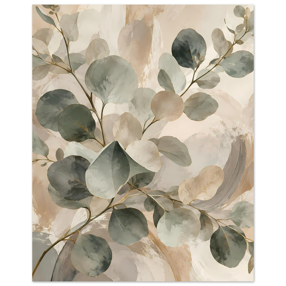 Botanisches Poster mit Aquarellblättern am Zweig in Salbeigrün und Beige, Hochformat