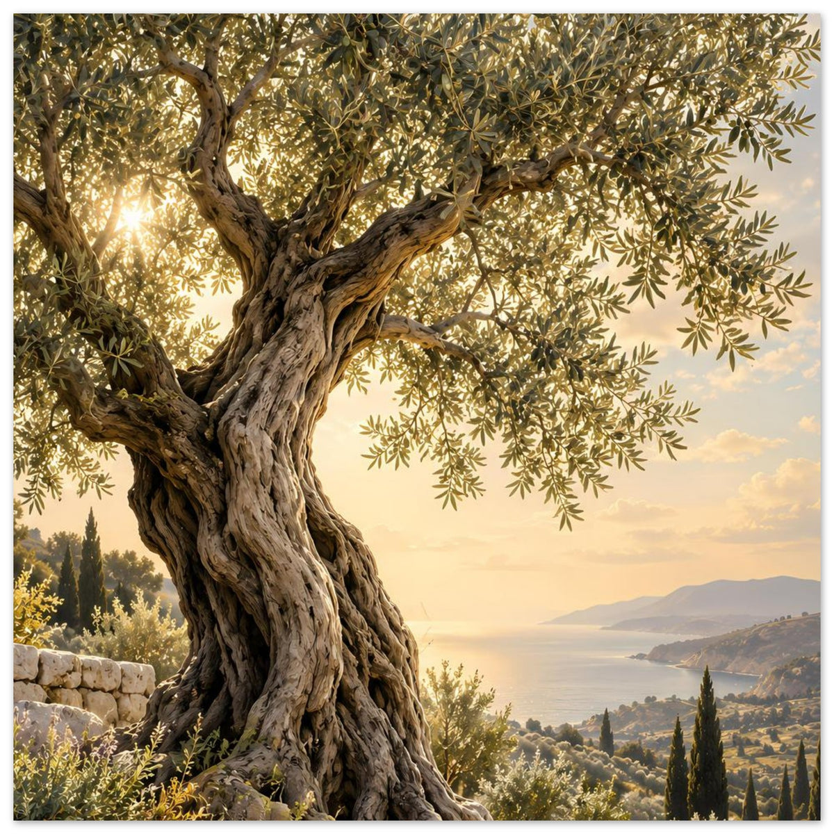 Poster: Olivenbaum mit kräftigem Stamm, Blätterdach und Blick auf das Meer