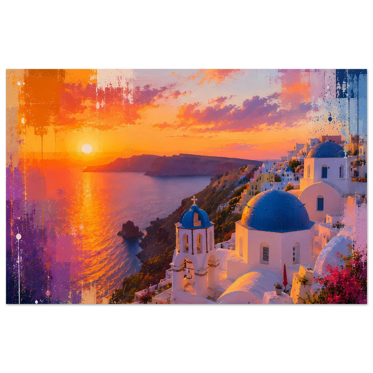 Poster Querformat breit: Santorini-Sonnenuntergang über Meer, weiße Häuser und blaue Kuppeln