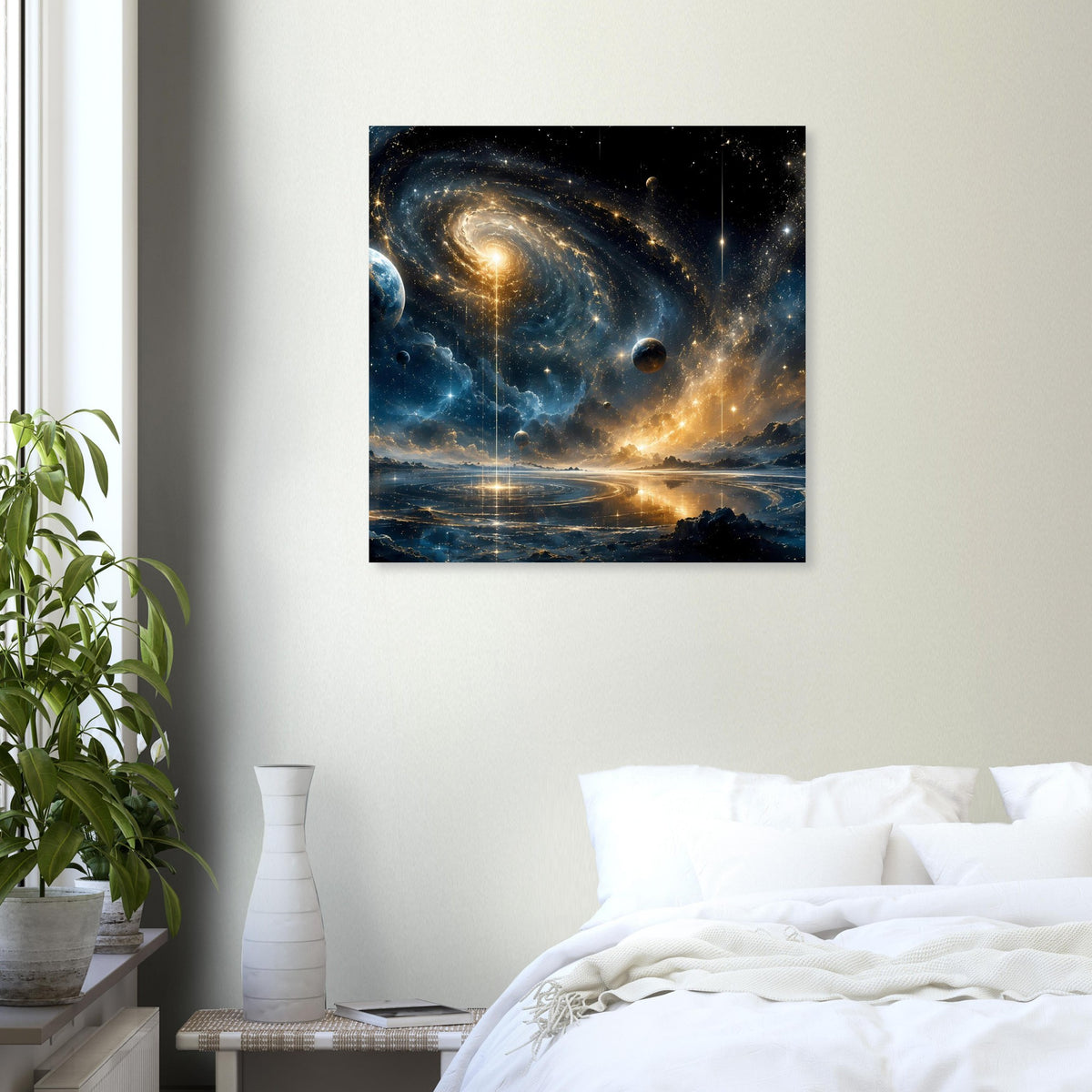 Quadratisches Wandposter mit Spiralgalaxie, Planeten und Sternen am Horizont