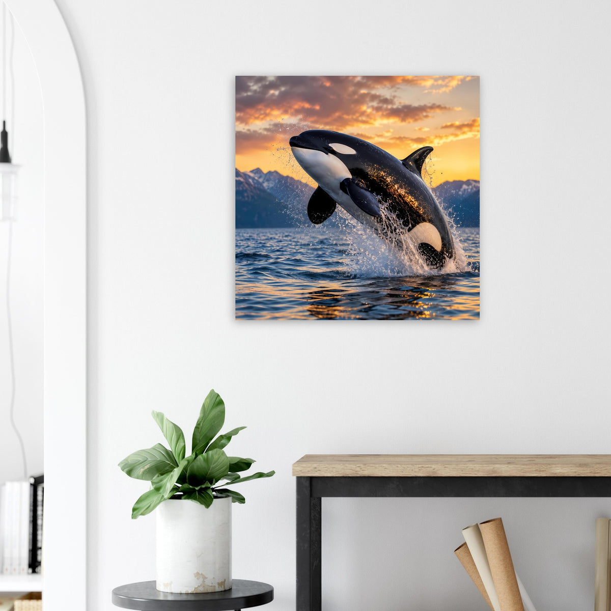 Quadratisches Orca-Sprung-Poster, springender Wal im Abendhimmel