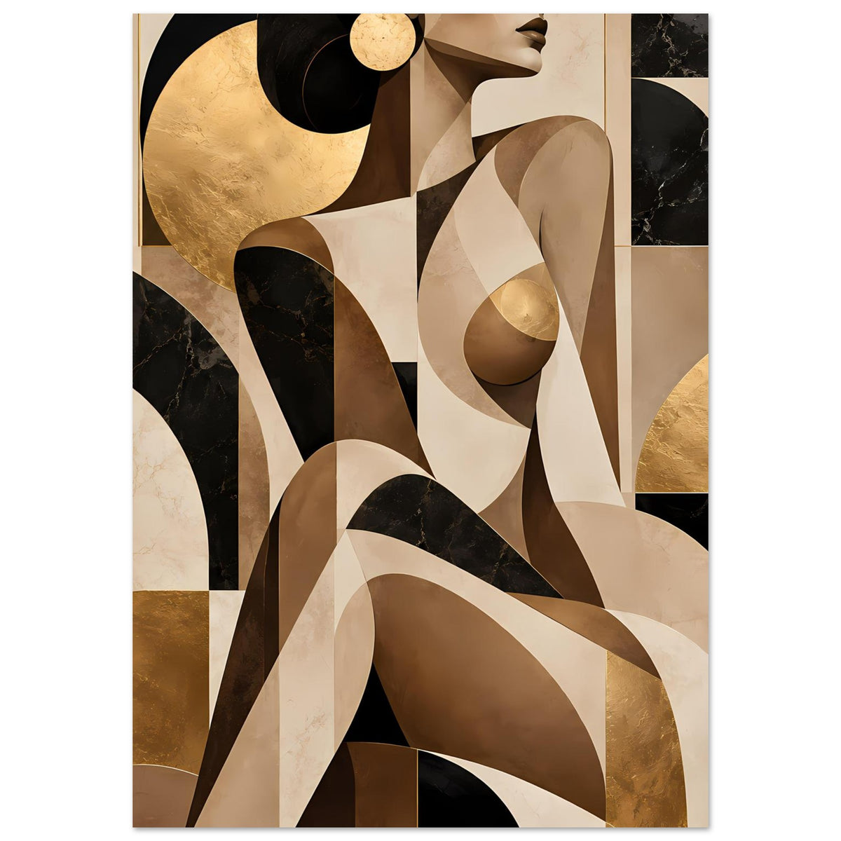 Abstraktes Kunstposter im Hochformat: warme Goldtöne, Creme und dunkle Kontrastformen