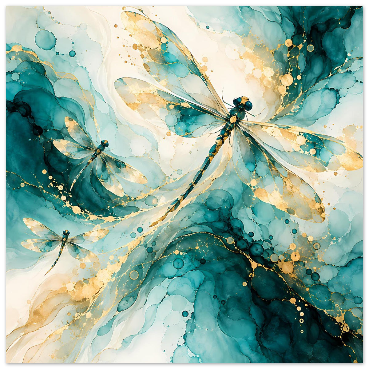 Kunstposter mit abstrakten Libellen in Türkis, Goldpunkte und Aquarellwirbel in Nahansicht