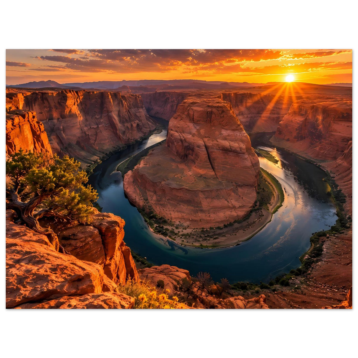 Poster im Querformat mit Canyon-Sonnenuntergang, Sonne im Lichtstrahl und Fluss