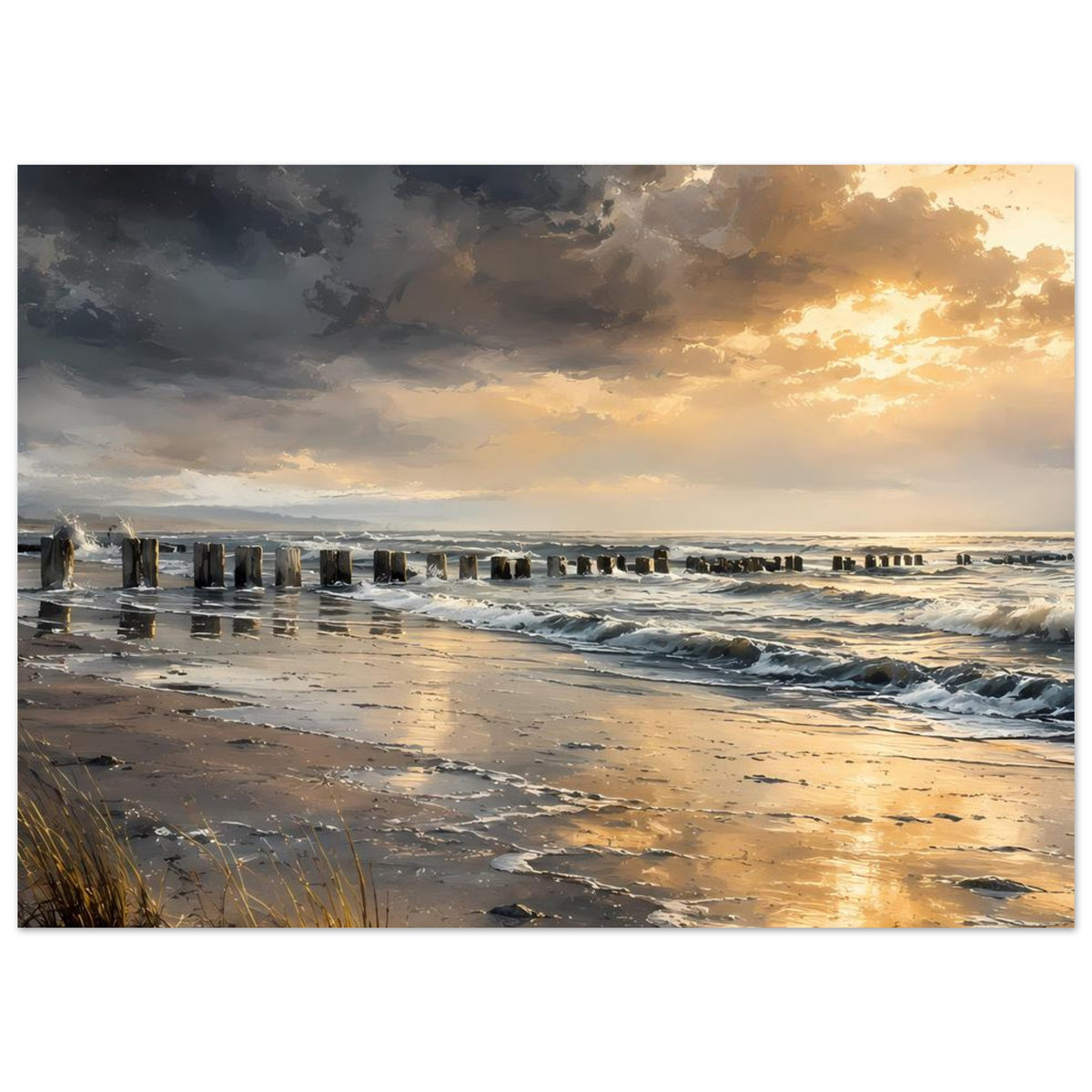 Strandposter im Querformat mit goldenem Sonnenuntergang, Wellen und Pfahlreihe an der Küste