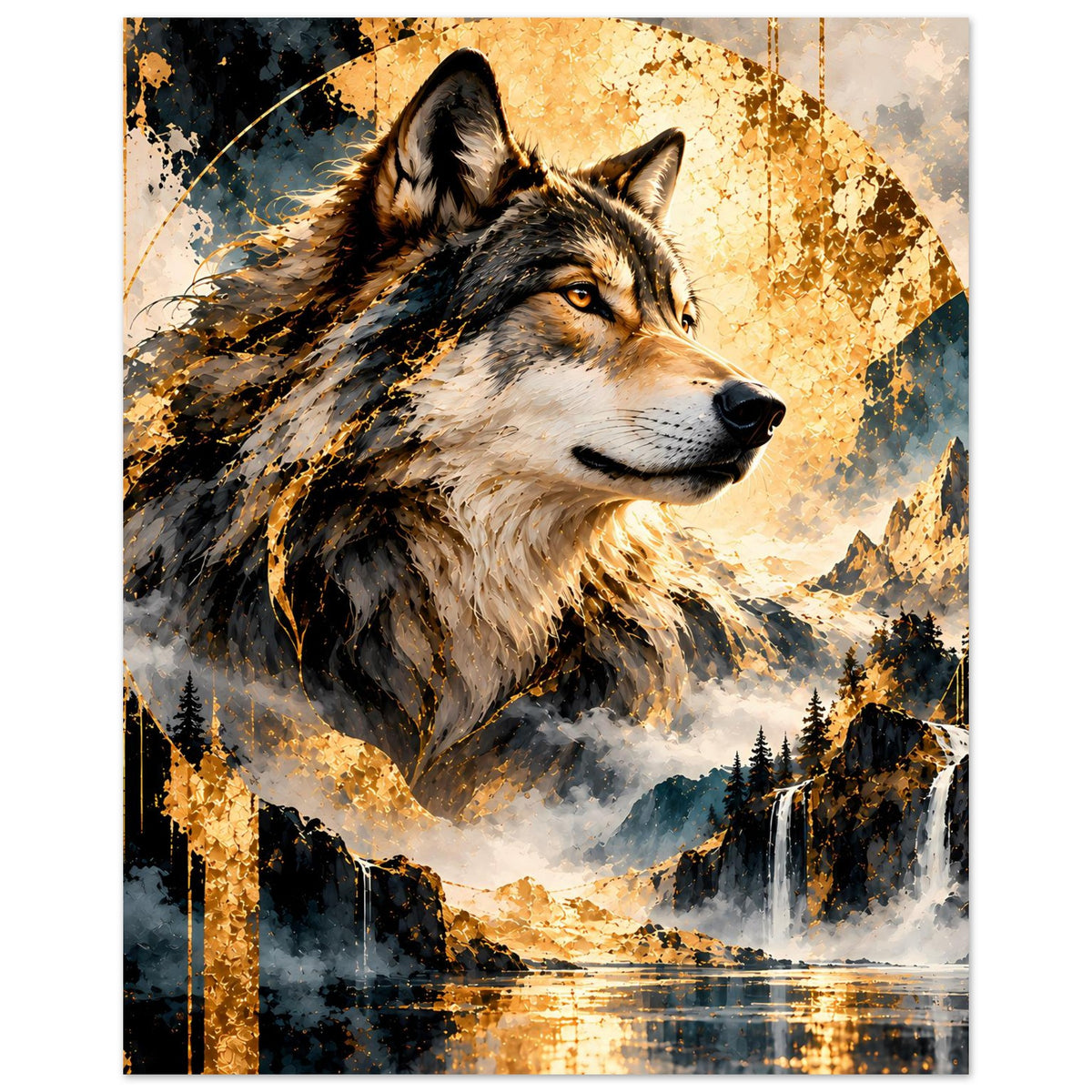 Wolfskunstposter, hochformatiger Druck mit Wolfsgesicht und goldener Sprühtextur