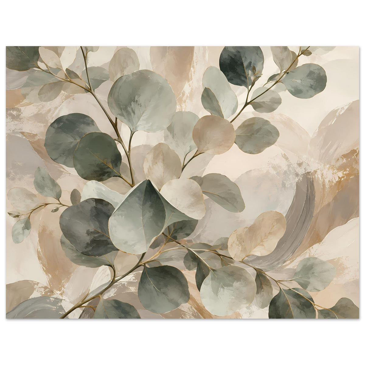 Botanisches Poster mit Aquarellblättern am Zweig in Salbeigrün und Beige, Querformat